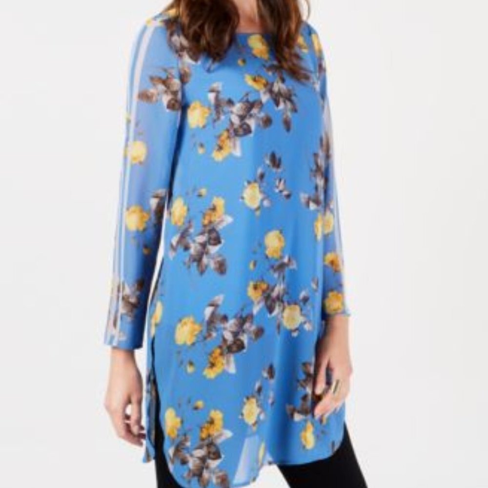 Alfani Floral Blouse PXL Tunic Blue Yellow Roses 457